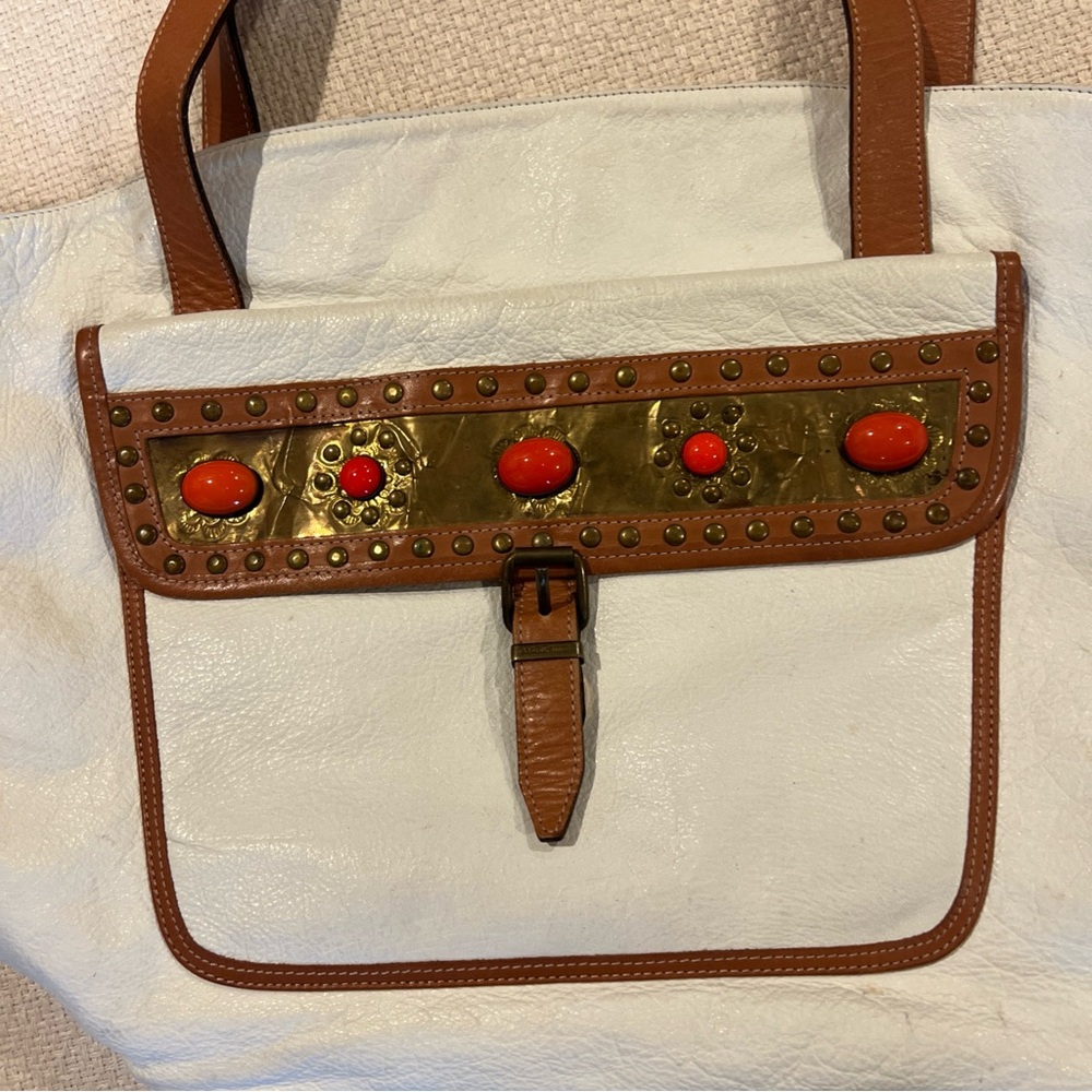 White and Brown Tote Bag with Red Accents